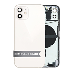 Shop the white housing frame with small parts pre-installed for iPhone 12, international version, OEM Pull B Grade.
