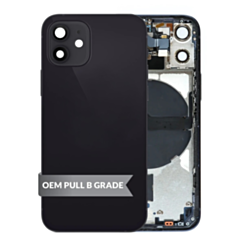 Shop the Back Housing Frame Black OEM Pull B Grade with Small Components Pre-Installed for iPhone 12 Mini.
