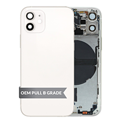 Purchase the Back Housing Frame White OEM Pull B Grade with Small Components Pre-Installed for iPhone 12 Mini.
