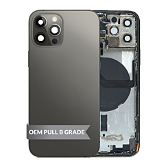 Stock up on the Back Housing Frame with Small Components Pre-Installed for iPhone 12 Pro Graphite OEM Pull B Grade.
