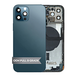 Buy the Back Housing Frame with Small Components Pre-Installed for iPhone 12 Pro Pacific Blue OEM Pull B Grade.
