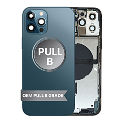Stock up on the Back Housing Frame PACIFIC BLUE OEM Pull B Grade with Small Components Pre-Installed for iPhone 12 Pro Max.






