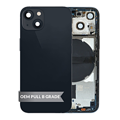 Order the Back Housing Frame Midnight US Version OEM Pull B Grade with Small Components Pre-Installed for iPhone 13 Mini.

