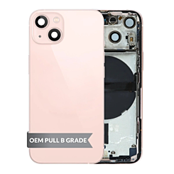 Stock up on the Back Housing Frame Pink US Version OEM Pull B Grade with Small Components Pre-Installed for iPhone 13 Mini.

