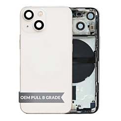 Shop the Back Housing Frame Starlight US Version OEM Pull B Grade with Small Components Pre-Installed for iPhone 13 Mini.

