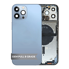 Buy the Back Housing Frame SIERRA BLUE US Version OEM Pull B Grade with Small Components Pre-Installed for iPhone 13 Pro Max.
