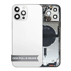 Purchase the Back Housing Frame with Small Components Pre-Installed for iPhone 13 Pro Max SILVER US Version OEM Pull B Grade.
