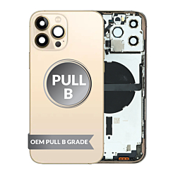 Buy the Housing Frame with Small Parts Pre-Installed for iPhone 13 Pro Max GOLD International OEM Pull B Grade.
