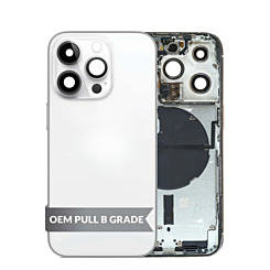 Grab the wholesale deals on the back housing frame with small components pre-installed for iPhone 14 Pro in Silver, US version, OEM pull B grade.

