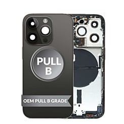 Stock up on the housing frame with small parts pre-installed for iPhone 14 Pro in Black, International version, OEM pull B grade.
