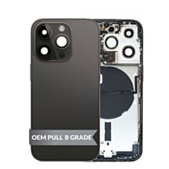 Stock up on the housing frame with small parts pre-installed for iPhone 14 Pro in Black, International version, OEM pull B grade.
