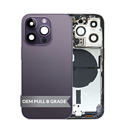 Shop the housing frame with small parts pre-installed for iPhone 14 Pro in Purple, International version, OEM pull B grade.
