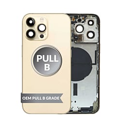 Shop the back housing frame in Gold, US version, OEM Pull B Grade, with small components pre-installed for iPhone 14 Pro Max.