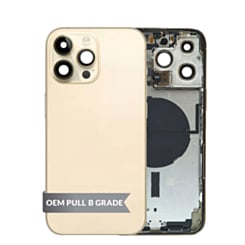 Shop the back housing frame in Gold, US version, OEM Pull B Grade, with small components pre-installed for iPhone 14 Pro Max.