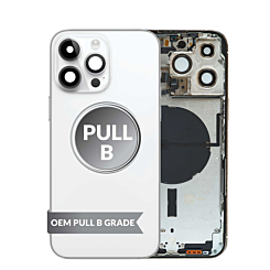 Purchase the back housing frame in Silver, US version, OEM Pull B Grade, with small components pre-installed for iPhone 14 Pro Max.








