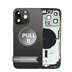 Grab the wholesale deals on the housing frame in Space Black, International version, OEM Pull B Grade, with small parts pre-installed for iPhone 14 Pro Max.