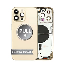 Stock up on the housing frame in Gold, International version, OEM Pull B Grade, with small parts pre-installed for iPhone 14 Pro Max.








