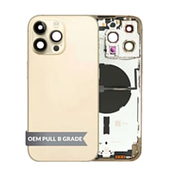 Stock up on the housing frame in Gold, International version, OEM Pull B Grade, with small parts pre-installed for iPhone 14 Pro Max.








