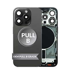 Purchase the Back Housing Frame in Black Titanium, US version, OEM Pull B Grade, with small components already pre-installed for iPhone 15 Pro.
