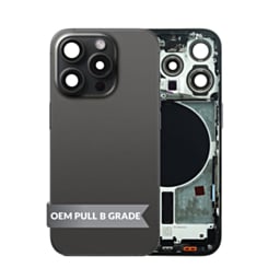 Purchase the Back Housing Frame in Black Titanium, US version, OEM Pull B Grade, with small components already pre-installed for iPhone 15 Pro.
