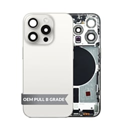 Grab the wholesale deals on the Back Housing Frame in White Titanium, US version, OEM Pull B Grade, with small components already pre-installed for iPhone 15 Pro.
