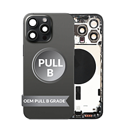 Purchase the Back Housing Frame in Black Titanium, US Version, OEM Pull B Grade, with Small Components Pre-Installed for iPhone 15 Pro Max.