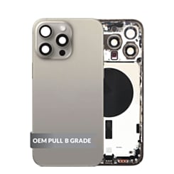 Stock up on the Back Housing Frame in Natural Titanium, US Version, OEM Pull B Grade, with Small Components Pre-Installed for iPhone 15 Pro Max.