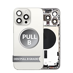 Buy the Back Housing Frame in White Titanium, US Version, OEM Pull B Grade, with Small Components Pre-Installed for iPhone 15 Pro Max.