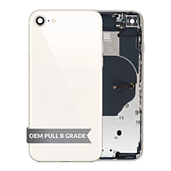 Purchase the white back housing frame for iPhone SE 2020, OEM pull B grade, with small components pre-installed.
