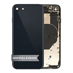 Stock up on the midnight back housing frame for iPhone SE 2022, OEM pull B grade, with small components pre-installed.