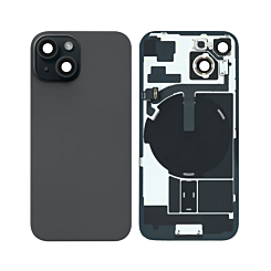 Buy the Back Glass in black, OEM Pull B Grade, with frame, wireless NFC charging flex, and MagSafe magnet for iPhone 15.
