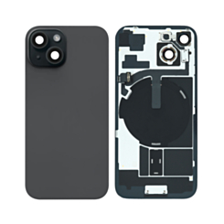 Purchase the back glass in black, OEM pull A grade, with frame, wireless NFC charging flex, and MagSafe magnet for iPhone 15.