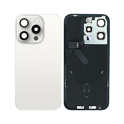 Shop the Back Glass in White Titanium with Frame and Wireless NFC Charging Flex and MagSafe Magnet for iPhone 15 Pro, OEM Pull B Grade.
