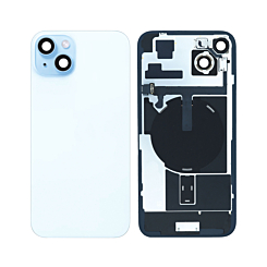 Purchase the back glass with frame, wireless NFC charging flex, and MagSafe magnet for iPhone 15 Plus — blue, OEM pull B grade.
