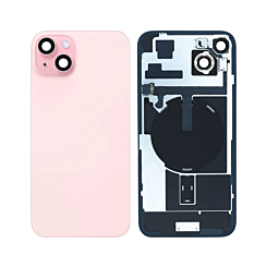 Stock up on the back glass with frame, wireless NFC charging flex, and MagSafe magnet for iPhone 15 Plus — pink, OEM pull B grade.