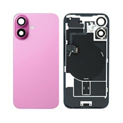 Shop the back glass with frame, wireless NFC charging flex, and MagSafe magnet for iPhone 16 in pink, OEM Pull B Grade.
