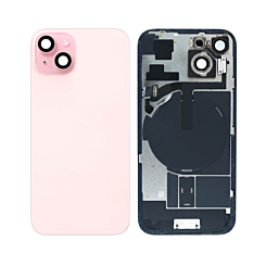 Buy the pink back glass, OEM pull A grade, with frame, wireless NFC charging flex, and MagSafe magnet for iPhone 15.