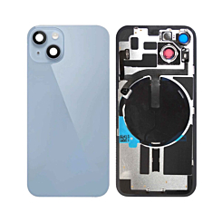 Buy the blue OEM pull B grade back glass with frame, wireless NFC charging flex, and MagSafe magnet for iPhone 14.

