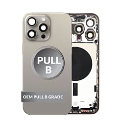 Stock up on the Back Housing Frame in Natural Titanium, US Version, OEM Pull B Grade, with Small Components Pre-Installed for iPhone 15 Pro Max.