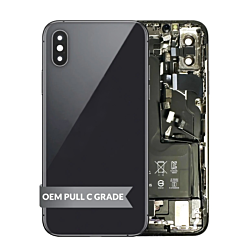 Shop the back housing frame for iPhone XS in space gray, OEM pull C grade, with small components and battery pre-installed.