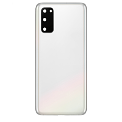 Stock up on the back glass with camera lens and adhesive for the Galaxy S20, no logo, in Cloud White.
