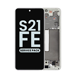Stock up on the OLED Assembly with Frame for Galaxy S21 FE G990 in White, Service Pack.