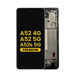 Buy the OLED Assembly with Frame in Awesome Black, Premium, for Galaxy A52 4G model A525 from 2021, A52 5G model A526 from 2021, and A52s 5G model A528 from 2021.