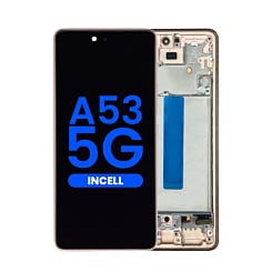 Buy the LCD Assembly in Awesome Peach, Aftermarket Incell, with Frame for Galaxy A53 5G, model A536 from 2022, 6.46 inches, without Fingerprint Sensor.