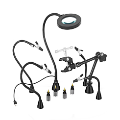 Soldering Circuit Board Holder Magnetic with 3X LED Magnifying Lamp, 360 Hot Air Gun Holder Flexible Metal Arms Heavy Duty Base (Only Ground Shipping)