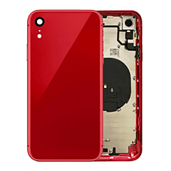 Stock up on the Back Housing Frame with Small Components Pre-Installed for iPhone XR in red, without logo.