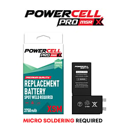 Stock up on the POWERCELL PRO MSR extended capacity replacement battery for iPhone XS Max with 3750 mAh – spot weld required.