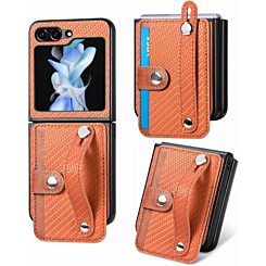 Galaxy Z Flip 5 Wallet Case with Credit Card Holder Slot & Wristband - BROWN (Only Ground Shipping)