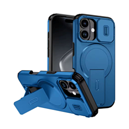 Magnetic Push Slide Lens Case with Kickstand (BLUE) for iPhone 13 / 14 (Only Ground Shipping)