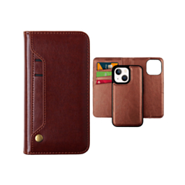 iPhone 14 Plus / 15 Plus Genuine Leather Magnetic Wallet Case with Credit Card Slot - BROWN (Only Ground Shipping)